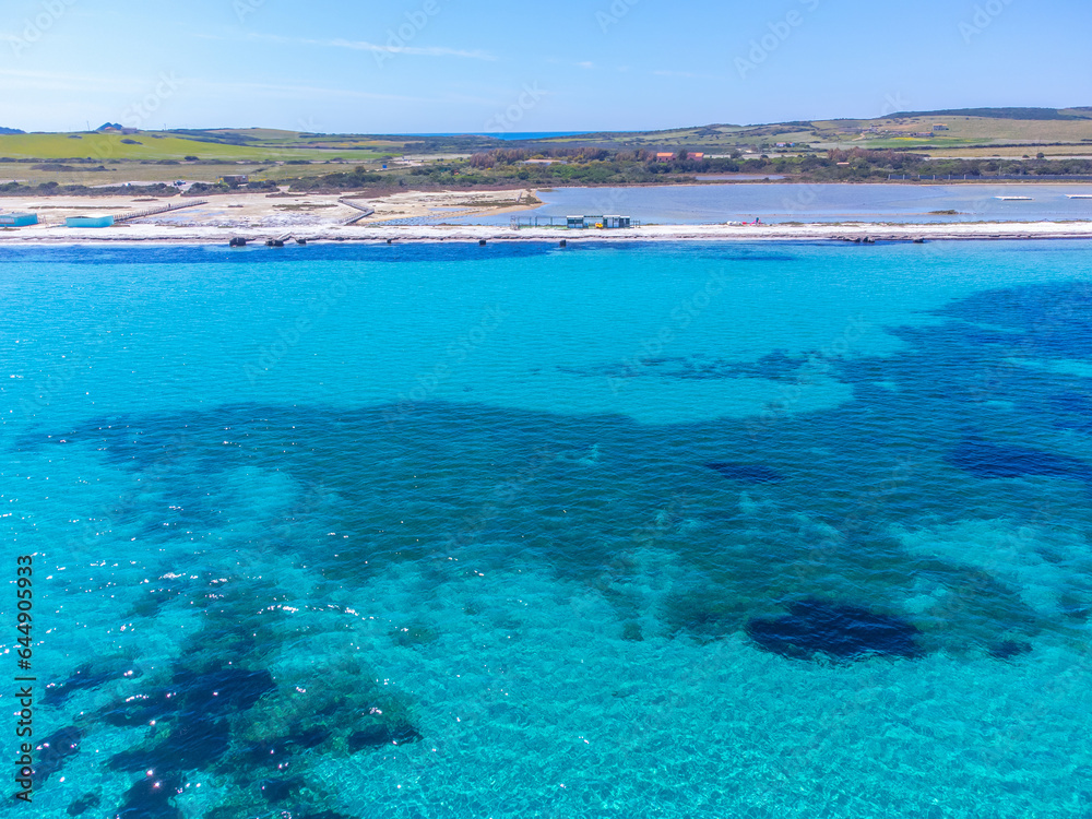 Obraz premium Aerial view of Le Saline beach in Sardinia