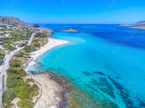 Fototapeta Naklejka Na Ścianę i Meble -  Aerial view of La Pelosa beach coastline in Sardinia