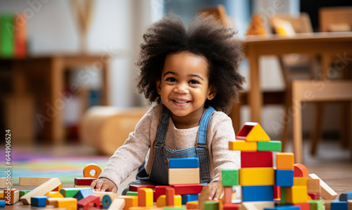 Building memories: African American toddler's gleeful moments with colorful toys.