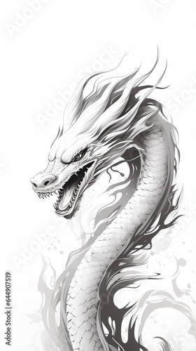 Chinese dragon. China lunar calendar animal. Black and white dragon sketch. Modern style linear design.
