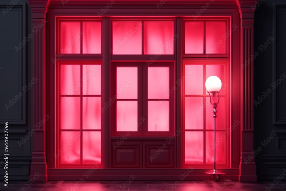 pink light from the window. the pink window shines mystically at night. mysterious pink window. Generative AI pink light from the window. the pink window shines mystically at night. mysterious pink window. Generative AI