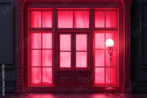 pink light from the window. the pink window shines mystically at night. mysterious pink window. Generative AI