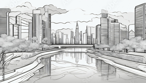 Urban Panorama Sketch: Black and White Cityscape Illustration with Reflections