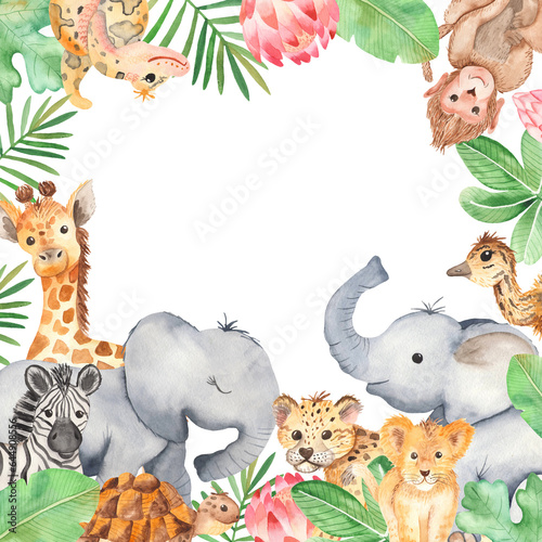 African animals for kids birthday, invitations, template Watercolor frame banner 