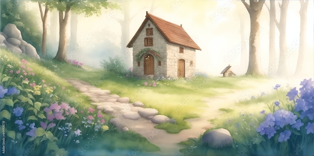 Small house in the forest. Watercolor landscape. AI generated illustration