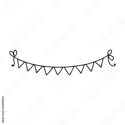 Triangle flags on a string  in doodle style on a white background. Festive concept. Hand drawn vector outline sketch icon..