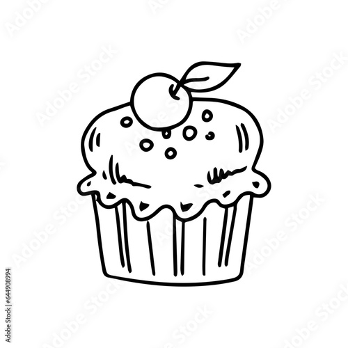 Cupcake with a cherry on top in doodle style on a white background. Festive concept. Hand drawn vector outline sketch icon..