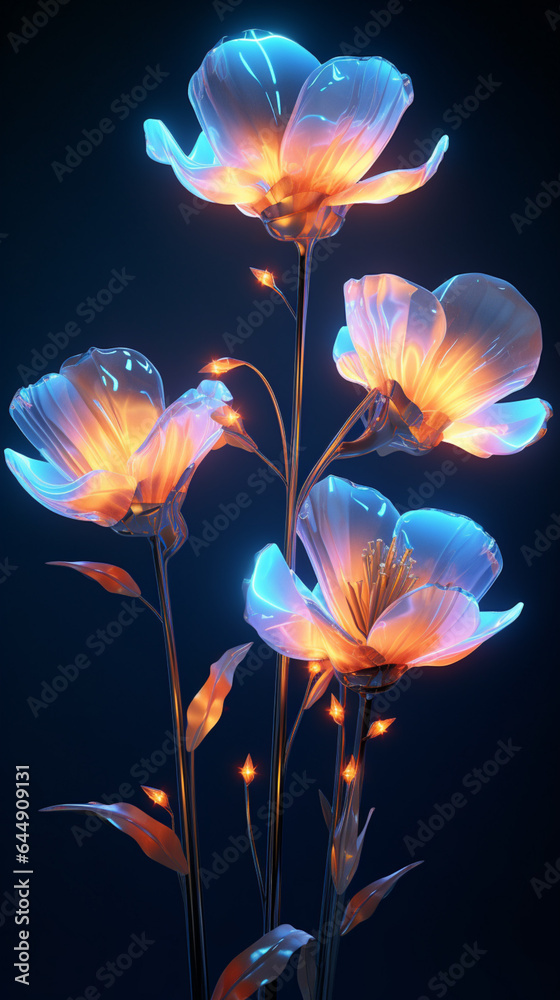 a glowing flowers with bright lights on them on a dark background