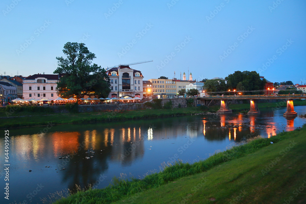 View of evening illumination of Pedestrian bridge, Uzhgorod, Ukraine