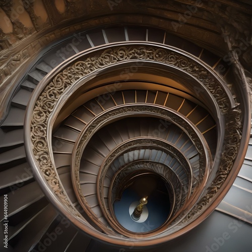 A spiral staircase winding up the interior of an ancient, ornate tower4