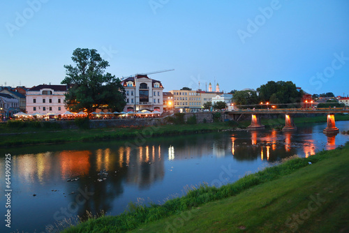 View of evening illumination of Pedestrian bridge, Uzhgorod, Ukraine