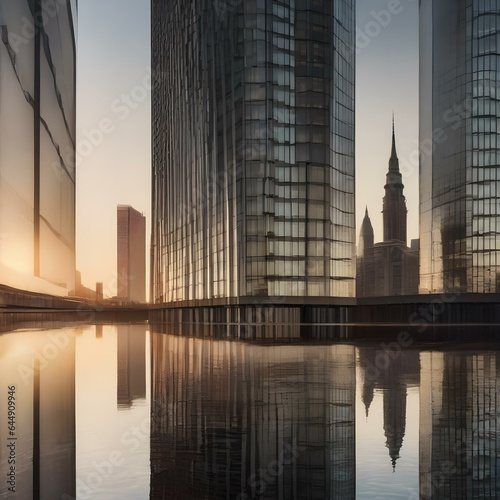 A symmetrical reflection of a city skyline in a calm, glassy lake1