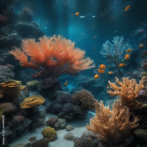 A surreal underwater scene with bioluminescent creatures and coral reefs3