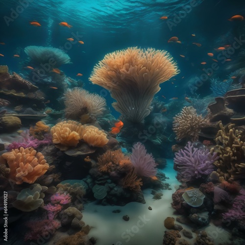A surreal underwater scene with bioluminescent creatures and coral reefs1