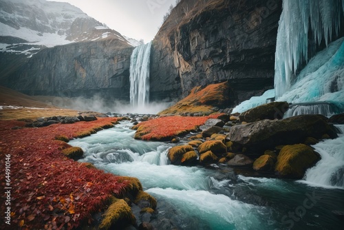 Serene Winter Waterfall in an Autumn Landscape