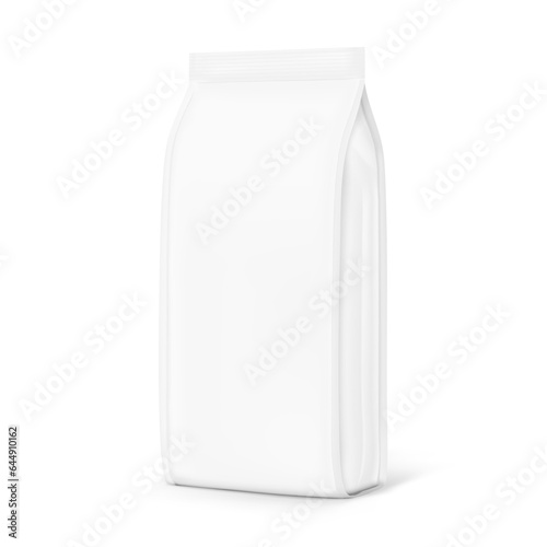 Vertical gusseted bag mockup. Vector illustration isolated on white background. Half side view. Ready for your design. Perfect for the presentation of coffee, food, for pets, household, etc. EPS10.