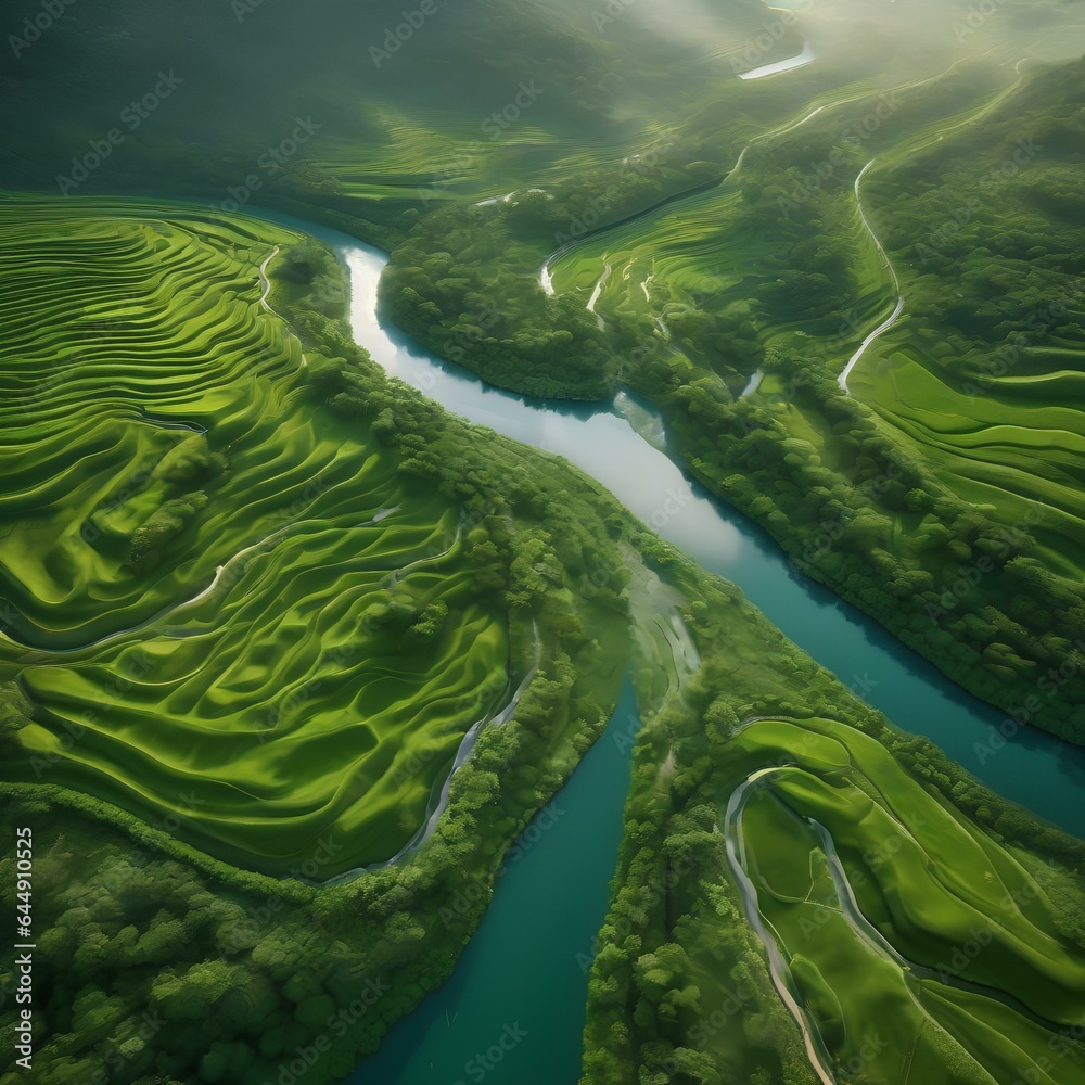 An aerial view of a river meandering through a lush, green valley3