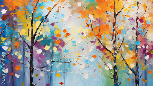 Abstract rough colourful  art painting of trees, with oil brushstroke, pallet knife paint on canvas,vivid colours, impasto technique. Ai generative.
