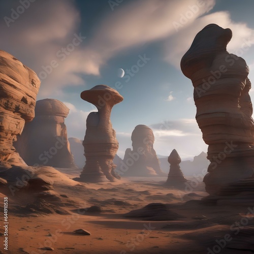 An otherworldly landscape with strange rock formations and an alien sky2