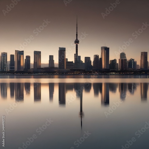 A symmetrical reflection of a city skyline in a calm, glassy lake3