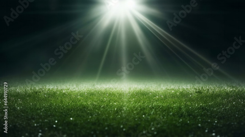 Stadium lights on empty green grass field. Football  soccer sport game copyspace background