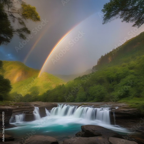 A mesmerizing view of a double rainbow arching over a waterfall1