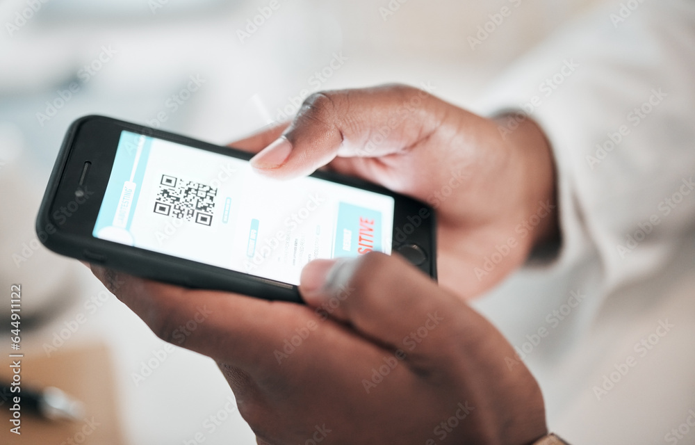 Mobile screen, doctor hands and QR code, test results of drugs, virus or registration on medical phone app. Healthcare, science or pharmacist with online report of clinic, health or negative feedback Mobile screen, doctor hands and QR code, test results of drugs, virus or registration on medical phone app. Healthcare, science or pharmacist with online report of clinic, health or negative feedback
