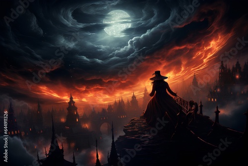 Witch on halloween night with beautiful sky background