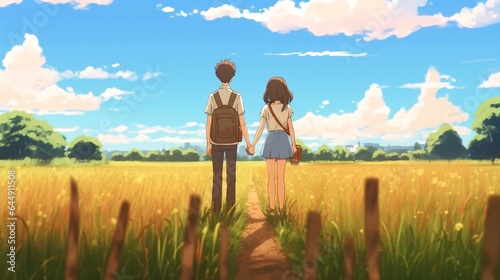Anime Sunshine Two Smiling Figures Holding Hands in a Sunny Summer Field.