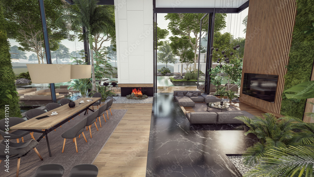 Fototapeta premium 3d rendering of expensive cozy interior with green walls with living dining zone stair and kitchen for sale or rent. Spacious apartments with expensive furniture, equipment and flowers