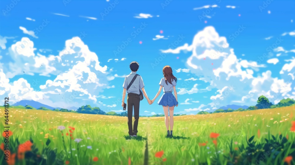 Anime Sunshine Two Smiling Figures Holding Hands in a Sunny Summer Field. Anime Sunshine Two Smiling Figures Holding Hands in a Sunny Summer Field.