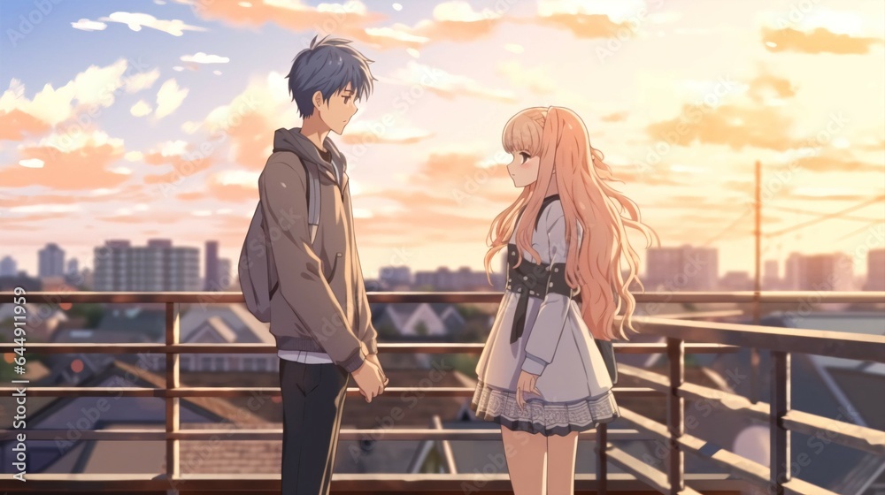 School Balcony Romance of  Anime Boyfriend and Girlfriend in Love.