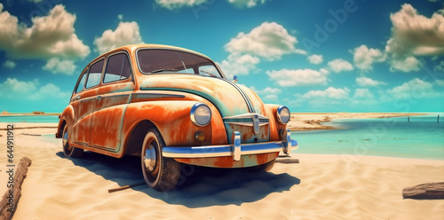 road retro beach travel tropical trip summer vintage car vacation. Generative AI.