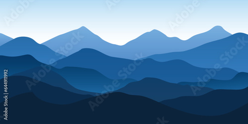 Vector illustration of blue mountain landscape design background, silhouettes, view, flat design 