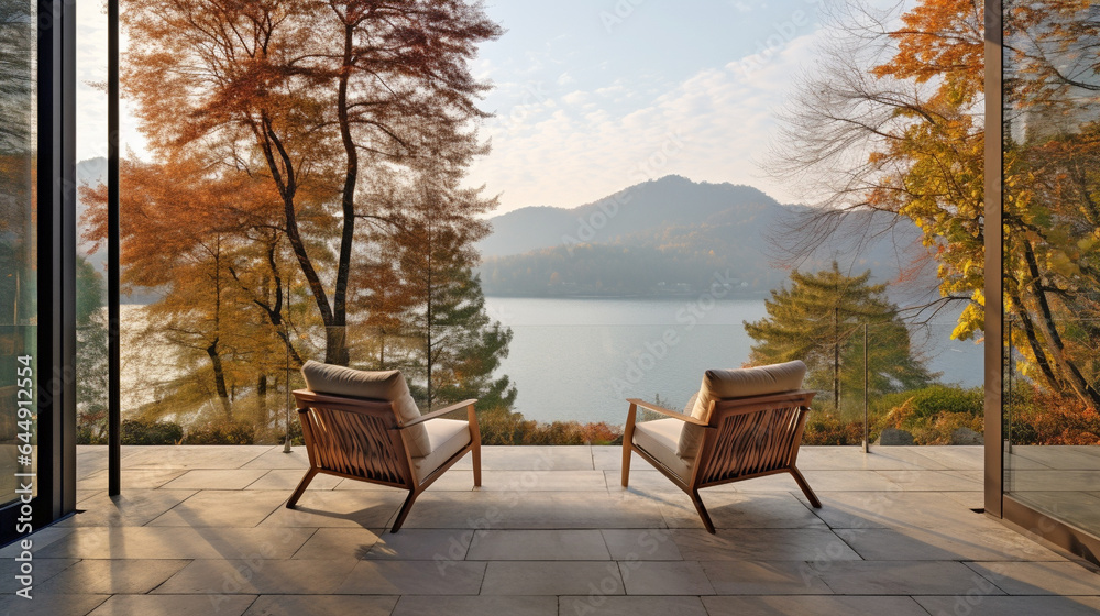 sunset mountains lake wooden patio with two armchairs, relax in outdoor and autumn nature concept