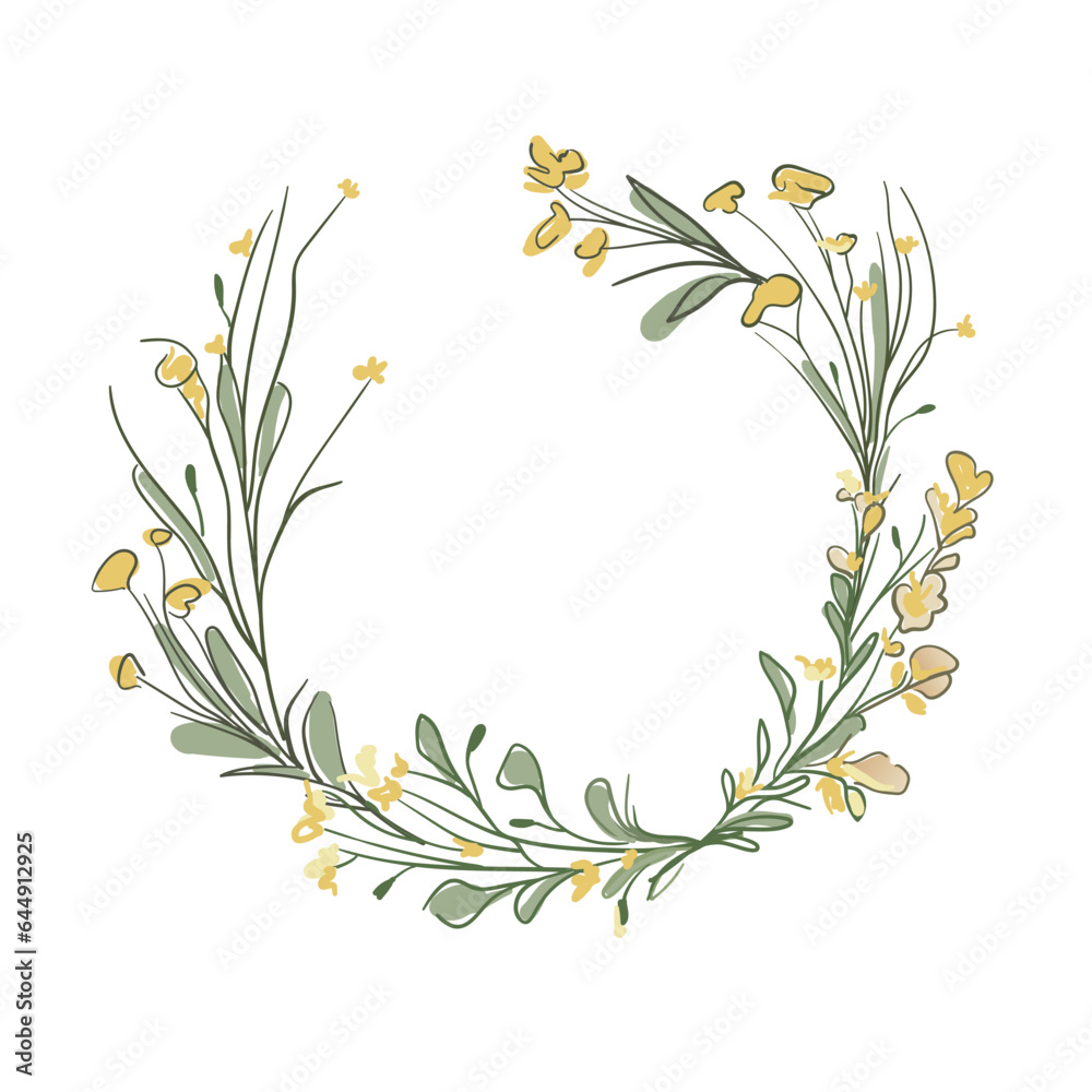 Obraz premium Spring yellow wreath on white background. Wildflowers collection. Floral minimal design. Botanical vector illustration. 