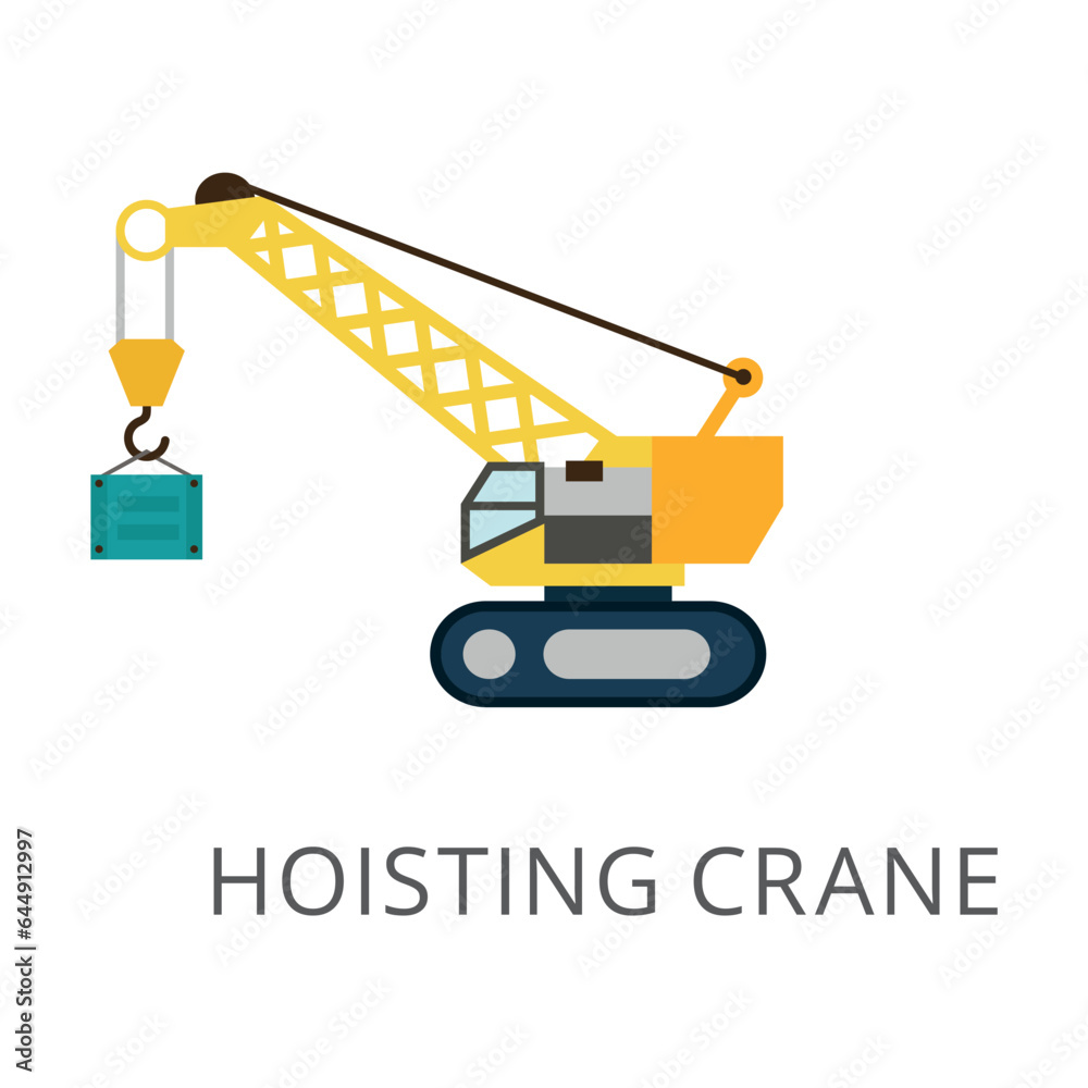 Side view of yellow hoisting crane flat vector icon. Cartoon drawing or illustration of heavy machinery or equipment for construction work on white background. Industry, technology concept Side view of yellow hoisting crane flat vector icon. Cartoon drawing or illustration of heavy machinery or equipment for construction work on white background. Industry, technology concept