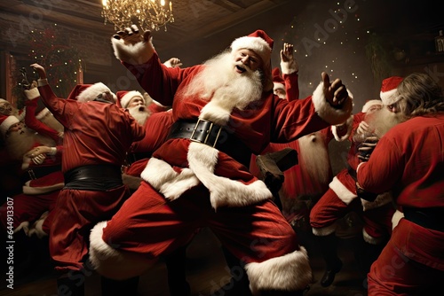 Santa Claus in red suit dancing at night club. Christmas party.