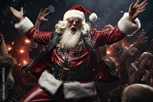 Portrait of santa claus dancing with crowd on background. photo