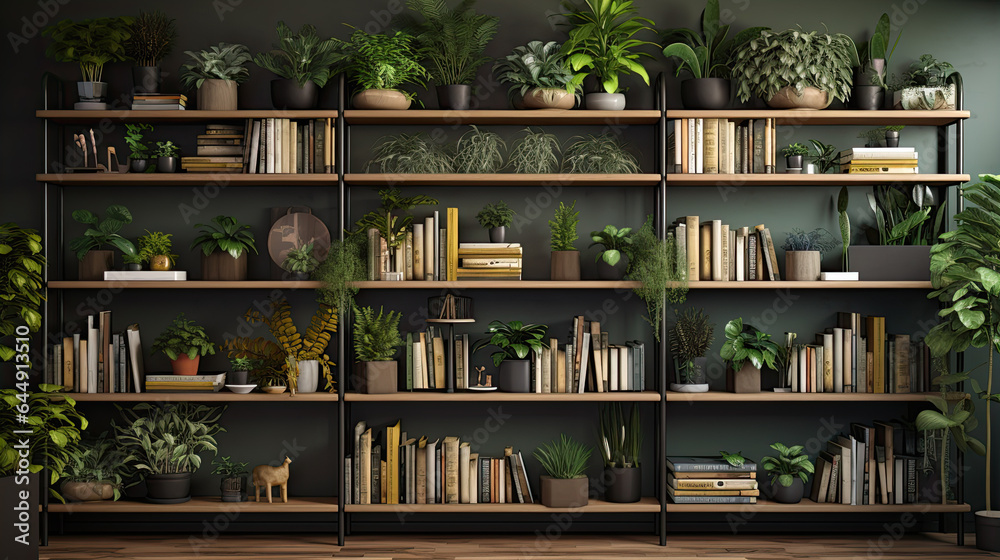 A contemporary-style bookshelf adorned with plants that serves as a modern decorative element for virtual office backdrops - obrazy, fototapety, plakaty 