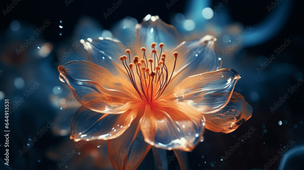 Poster Print a beautiful blue and orange flower on a dark background 40x22.2 cm