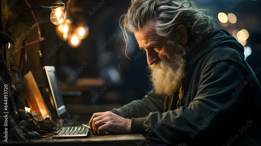 Old man works on computer