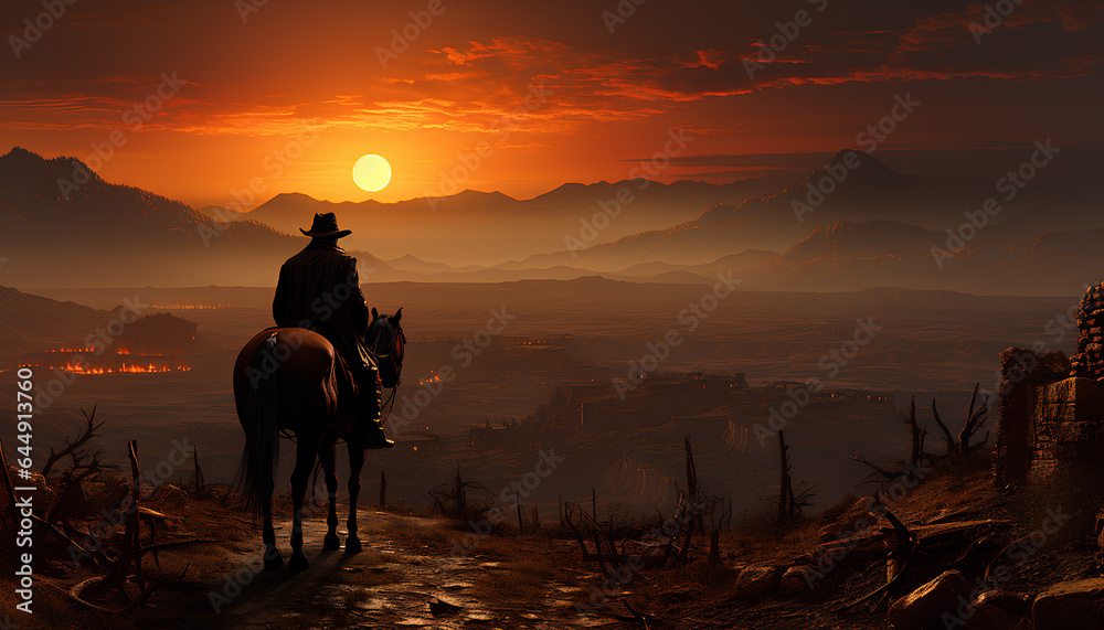 Cowboy on the background of the sunset. Wild West concept. Generative AI