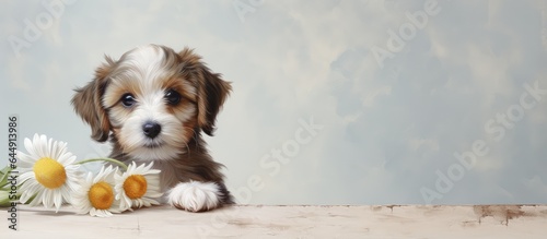 Black isolated puppy with pot and daisies on the floor isolated pastel background Copy space photo