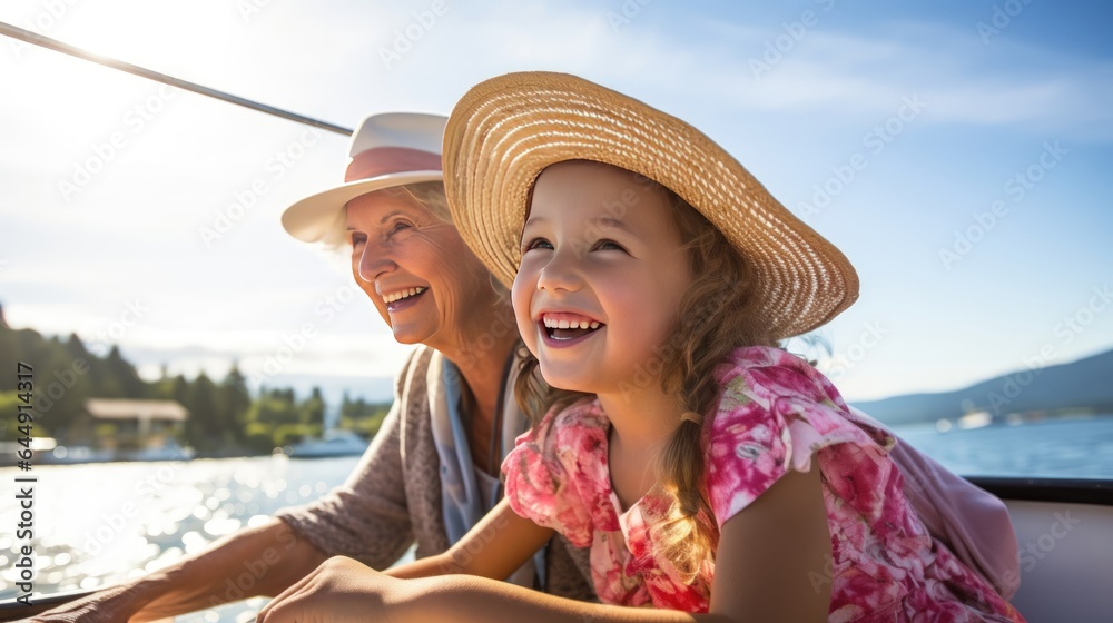Portrait of a happy, grandmother and granddaughter sailing in a boat on the lake on a sunny day. Generative ai.