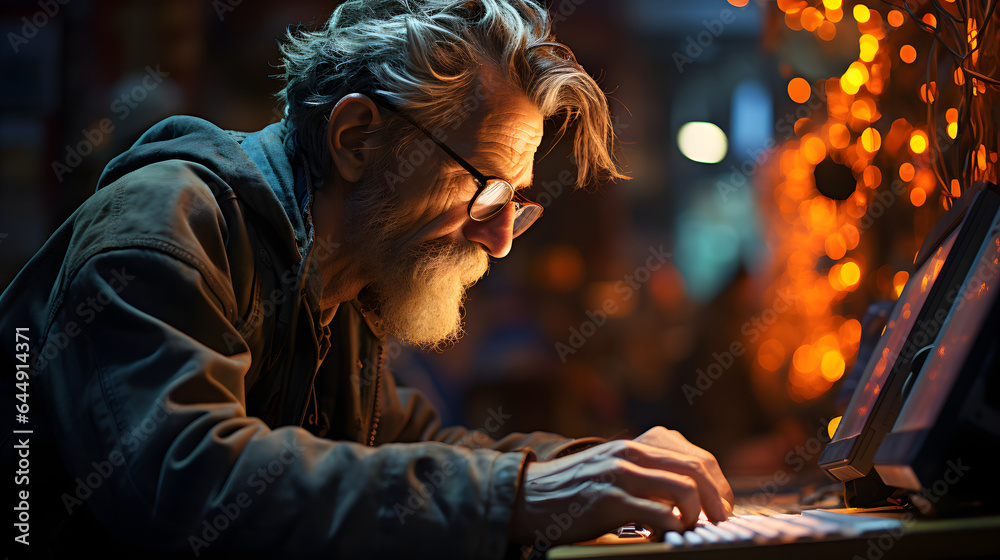 Fototapeta premium Old man works on computer