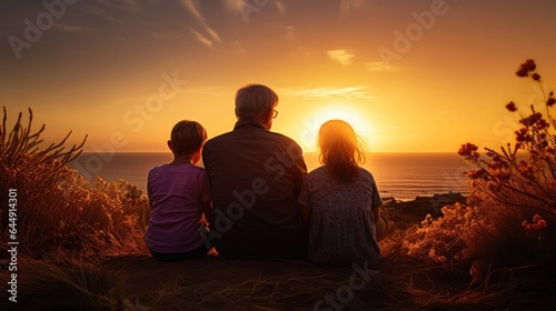 Grandfather and grandchildren sitting on top of a hill watching the sunset. Generative ai.