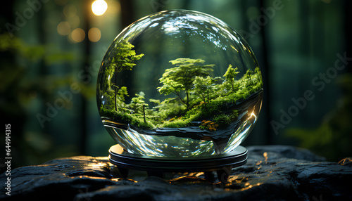 Glass ball with a green ecosystem. Nature. Generative AI