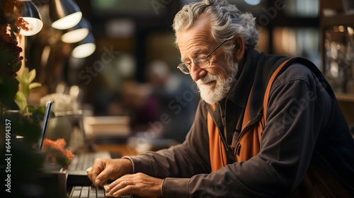 Old man works on computer