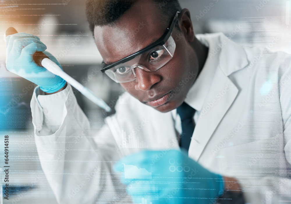 Fototapeta premium Black man, scientist and pipette for medical science research, medicine pharmacy or dna blood engineering. Study, dropper or equipment in healthcare analytics test or future vaccine innovation
